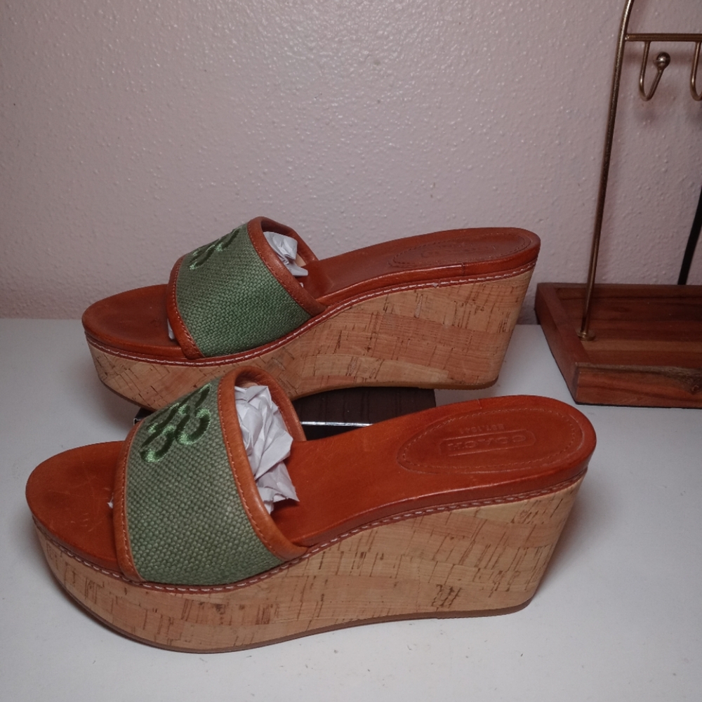 Coach Green and Orange Wedge Sandals